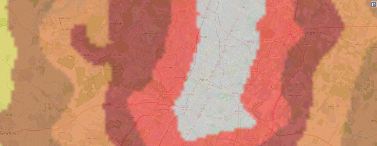 Bortle scale light pollution map around Austin, Texas