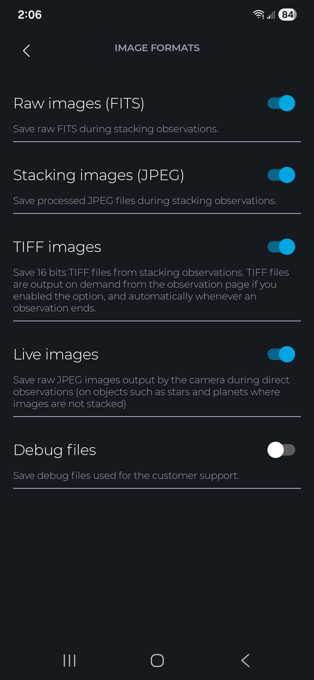 Singularity app image export options screen