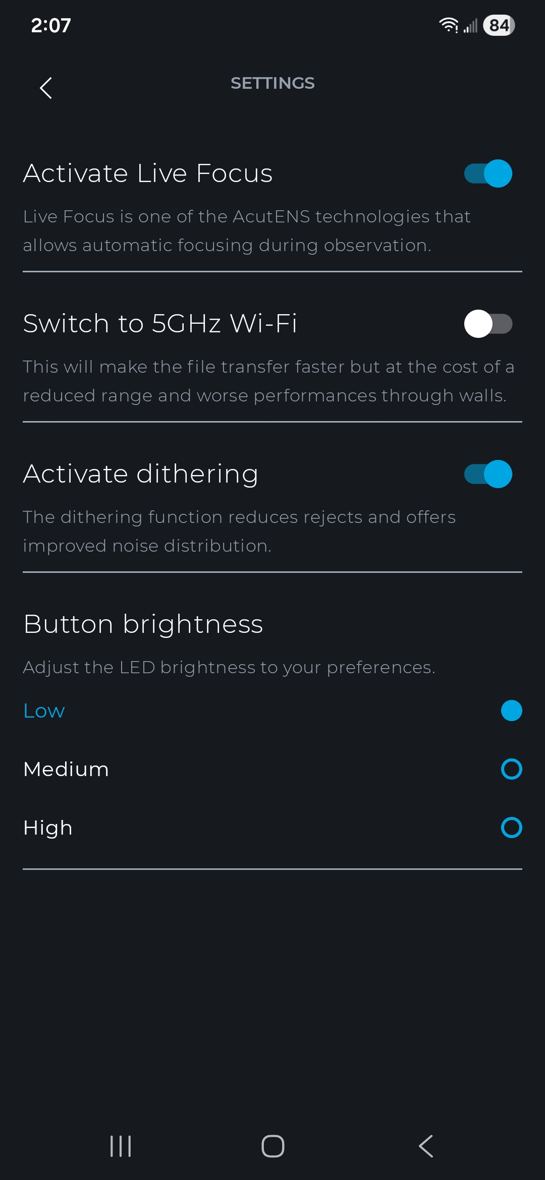 Singularity app settings screen
