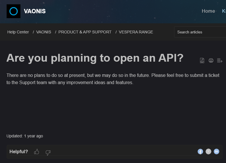 Vaonis support article stating a public API for Vespera is unlikely