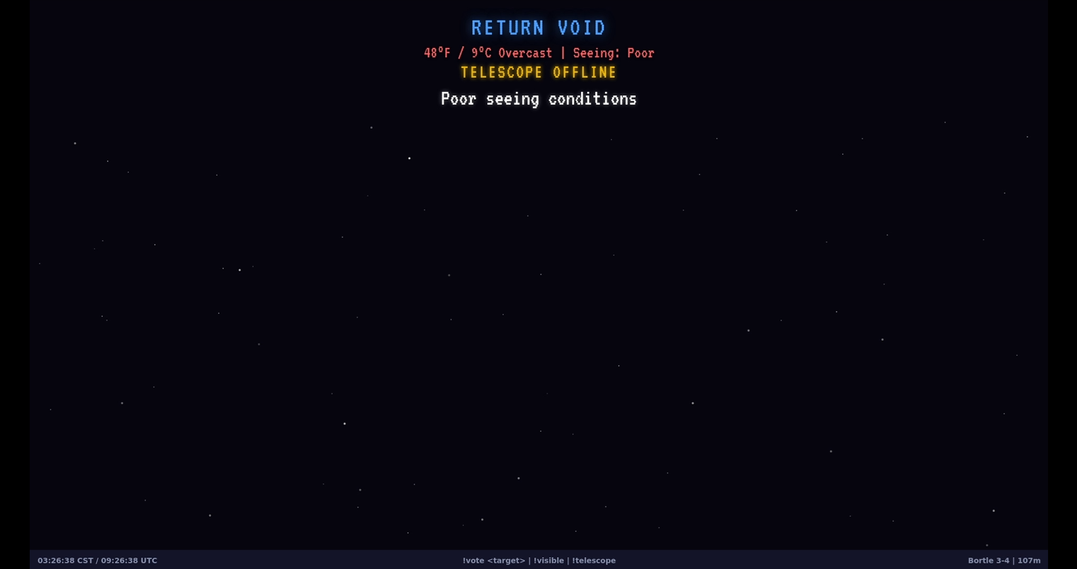 Stream voting overlay showing weather data and telescope status